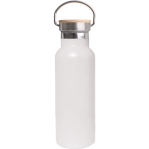 A drink bottle featuring a frosted white exterior, stainless steel cap, and bamboo lid with a metal handle.