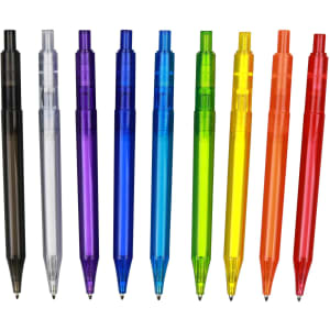 A row of ten transparent barrel pens in various colours, including black, clear, purple, blue, green, yellow, and red.