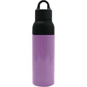 A drink bottle made of recycled stainless steel in a lavender and black design, featuring a handle and a logo.
