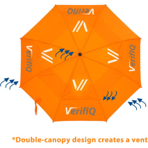 An orange sports umbrella featuring a double-canopy design and a logo.
