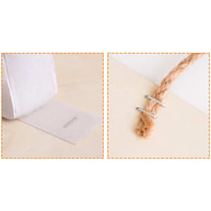 A close-up of a textured white strap with a silver clip and a brown twine tied with a metal clip.