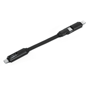 A black 100W 3-in-1 aluminium charging cable with a digital display and multiple connectors, featuring a logo.