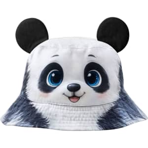 A custom bucket hat with a panda design featuring cartoonish eyes and black ears, in primarily white and grey.