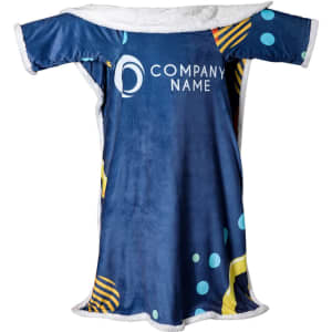 A blue and colourful sublimated front wear blanket with a fluffy white lining and a logo on it.