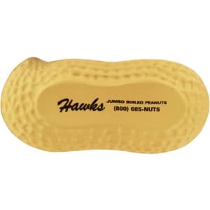 A yellow peanut-shaped stress reliever with textured detailing and a logo.