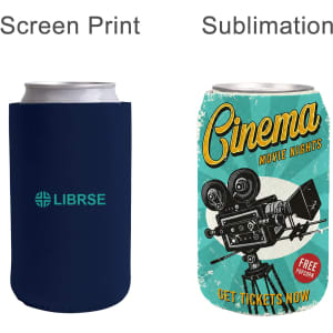 A drink bottle holder in navy blue, featuring a logo, displayed beside a colourful design for a cinema-themed holder.