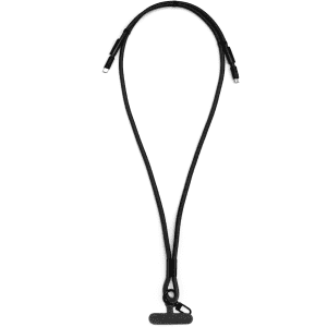 A black charging phone lanyard featuring two connectors for charging devices. It has a minimalist design with a logo.