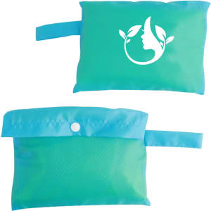 A green and blue mesh beach toy bag with a logo, featuring a zippered closure and a handle for easy carrying.