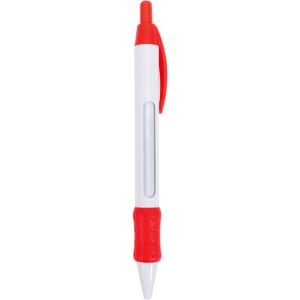 A pen with a white barrel, red accents, and a section for rotating messages. Features a logo on the side.
