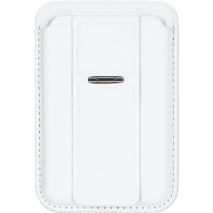 A white PU magnetic card holder with a phone stand feature, featuring a sleek design and a black accent.
