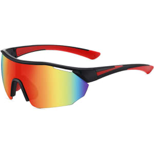 Sports cycling sunglasses in black and red, featuring a large, mirrored lens with a gradient of colours.
