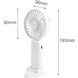 A white handheld fan with a phone stand, featuring a circular blade design and a compact base.
