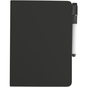 A5 whiteboard notebook in black with a white pen attached, featuring a smooth, matte cover.
