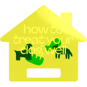 A custom-shaped paper fan in yellow featuring illustrations of dogs, with a house silhouette. It has a branding logo.