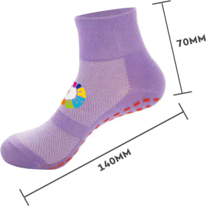 Crew Kids Gripper Socks in lavender with a multicoloured logo and non-slip grip on the sole. Dimensions included.