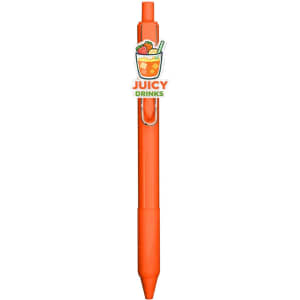 An orange acrylic pen with a clip and a logo featuring a drink illustration.