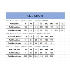 A size chart for a unisex RPET sublimated round-collar tee shirt, detailing measurements for men, women, and kids.