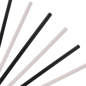 A collection of black and white disposable 4-ply straight drinking paper straws arranged in a fanned layout.