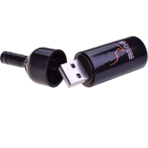 A drink bottle flash drive in black, featuring a detachable cap revealing a USB connector. It includes a logo on the body.