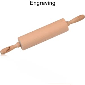 A wooden rolling pin with a light natural finish and engraved handles, showcasing its smooth design.