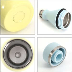 A drink bottle in pale yellow and light blue, featuring a double wall design and a metal base. Includes a logo.