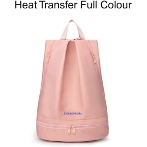A pink backpack with a handle and zippers, featuring a logo on the front.