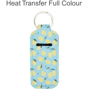 A blue neoprene bag with a lemon pattern, featuring a keyring and a slot for holding lipstick.