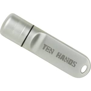A silver flash drive with a cylindrical shape and a logo on its surface.