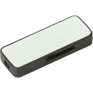 A sliding black and white flash drive with a smooth finish and a small connector port.