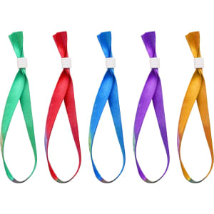 A collection of five RPET fabric wristbands in green, red, purple, and gold, featuring plastic fasteners.