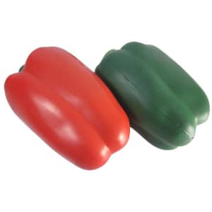 A red and green capsicum-shaped stress reliever with a smooth finish, featuring a logo.