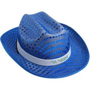 A blue sequin cowboy hat with a mesh design and a white band featuring a logo.