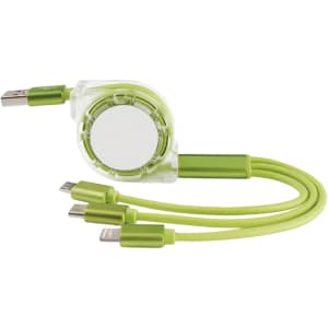 A retractable charging cable in green and clear, featuring three connectors: USB, Lightning, and micro USB.