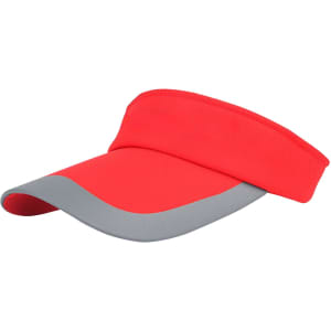 A sun visor in bright red with a grey peak, featuring a logo on the band.