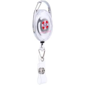 A retractable oval card holder in clear plastic with a logo and a durable clip.