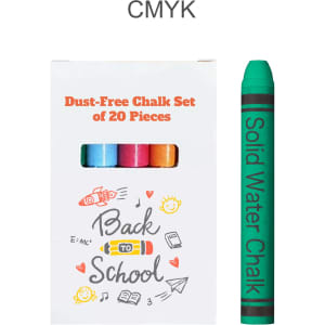 A set of 20 dust-free chalk sticks in various bright colours, packaged in a box featuring a logo and colourful graphics.