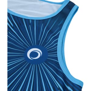 A blue and aqua singlet with a circular logo and a vibrant radial design.