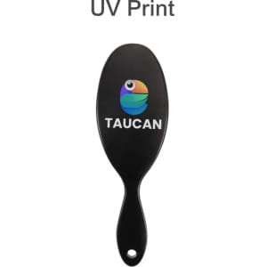 A black hair brush featuring a logo and a smooth handle. The brush has a glossy finish.