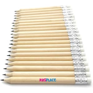 A set of short grey-lead pencils with erasers, featuring natural wooden bodies and silver ferrules.
