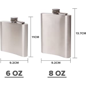 A stainless steel hip flask in a sleek design, featuring two sizes and measurements for capacity.