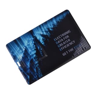 A black and blue credit card-sized flash drive featuring a sleek design and a logo.