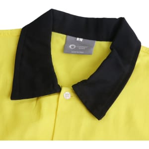 A unisex long-sleeve shirt in bright yellow with a black collar and button detail, featuring a logo.
