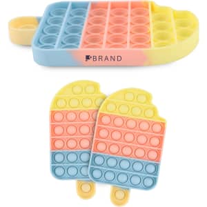 A pastel pop it fidget toy shaped like an ice block, featuring blue, pink, and yellow colours, with one logo present.
