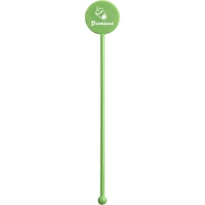 A green cocktail drink stirrer with a circular top and a ball-shaped end, featuring a logo.