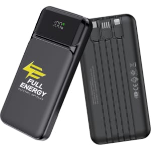 A black 10000mAh eco fast charging power bank featuring a logo and multiple charging ports.