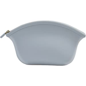 A light blue silicone cosmetic bag with a rounded shape and gold zipper. It features a logo on the side.