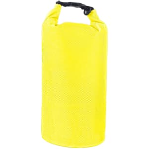 A yellow Oxford cloth dry bag with a black strap and buckle closure, featuring a textured surface.
