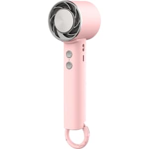 A pink personal cooling fan with a circular fan head and buttons on the side, featuring a hanging loop.
