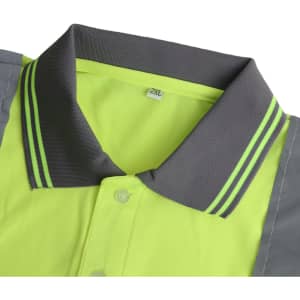 A close-up of a unisex hi-vis reflective polo shirt in bright yellow and grey, featuring a collar with striped detailing.