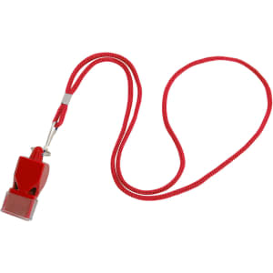 A red plastic whistle with a red lanyard attached. There is a logo on the whistle.